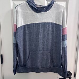 Women’s Pink Rose Colorblock Hoodie Sweatshirt  Size Medium Grey White Pink Blue